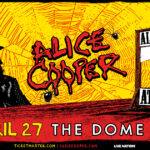Concert poster for Alice Cooper at The Dome on April 27; features a man in a top hat against a bright yellow background and a sign that reads 'Alice's Attic'.