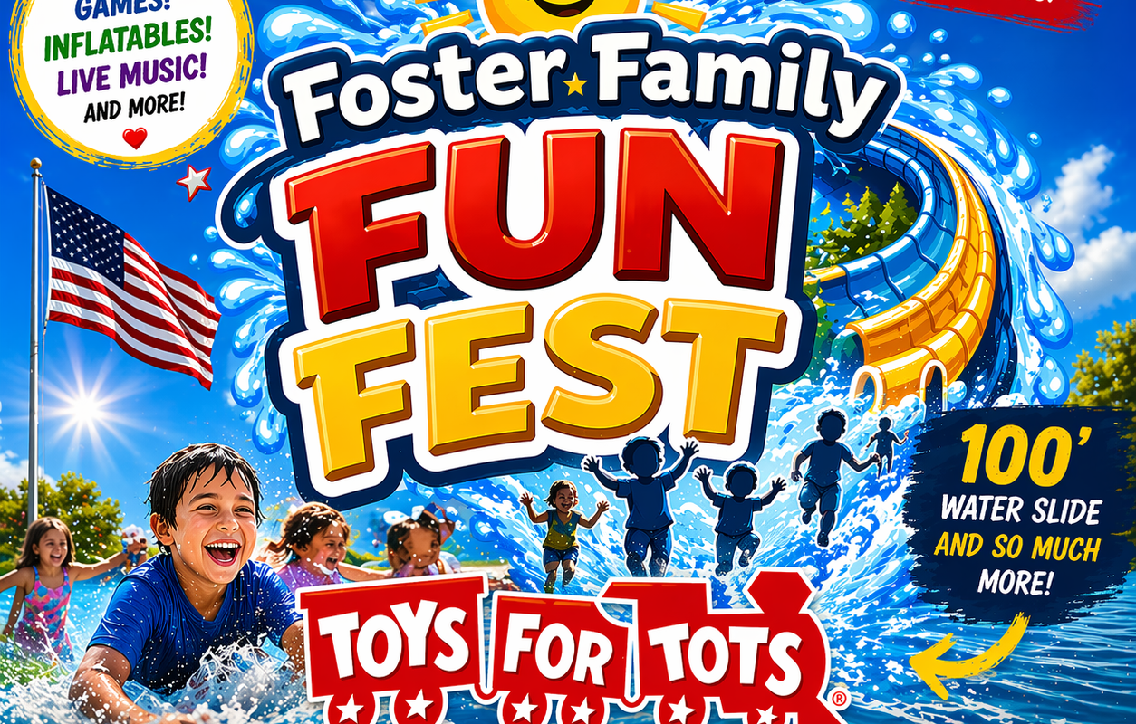 Bright poster promoting Foster Family Fun Fest at Windsor Castle Park, Smithfield VA, June 6, 11am–3pm; kids splash, slides, sun icon, and Toys for Tots branding; free family event.