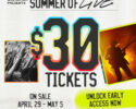 Promo poster for Live Nation's 'Summer of Live' with $30 tickets; features raised hands crowd on left and a guitarist on the right, sale dates Apr 29–May 5, and 'Unlock early access now' message.