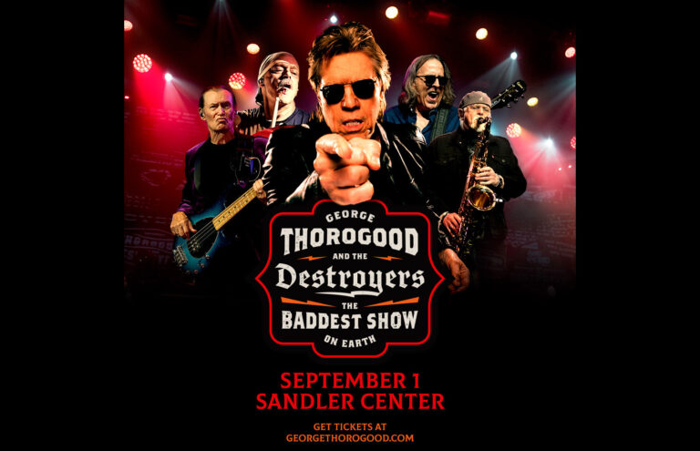 Poster for George Thorogood and the Destroyers’ The Baddest Show on Earth tour, with band on stage and red text beneath.