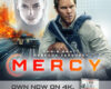 Mercy movie poster: Chris Pratt in tactical gear with a rifle, explosive city backdrop and a large red MERCY title.