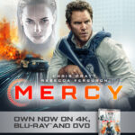 Mercy movie poster: Chris Pratt in tactical gear with a rifle, explosive city backdrop and a large red MERCY title.