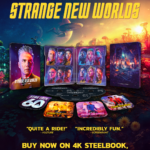 Poster for Star Trek: Strange New Worlds promoting the 4K steelbook, Blu-ray and digital set with discs and boxed art on a colorful alien landscape/garden scene.