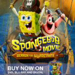Pirate-themed SpongeBob poster with SpongeBob and Patrick on a ship, advertising The SpongeBob Movie: Search for SquarePants. Buy now banner visible.