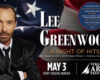 Promotional poster for Lee Greenwood's 'A Night of Hits' with a U.S. flag backdrop and a man in a suit on the left.