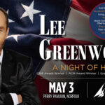Promotional poster for Lee Greenwood's 'A Night of Hits' with a U.S. flag backdrop and a man in a suit on the left.