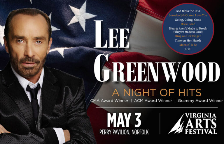 Promotional poster for Lee Greenwood's 'A Night of Hits' with a U.S. flag backdrop and a man in a suit on the left.