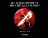Promotional poster advertising a Metallica flyaway contest with a red sphere and white lightning bolt and 'METALLICA SPHERE LAS VEGAS' text on a black background.