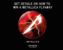 Promotional poster advertising a Metallica flyaway contest with a red sphere and white lightning bolt and 'METALLICA SPHERE LAS VEGAS' text on a black background.