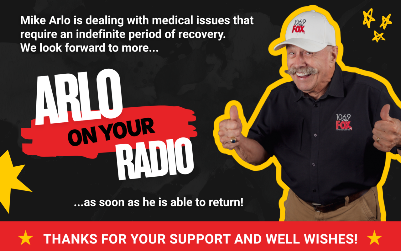 Announcement banner: Arlo returning to radio, with a smiling man in a yellow outline, bold text 'ARLO ON YOUR RADIO' on a red brush stroke.