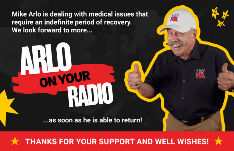 Announcement banner: Arlo returning to radio, with a smiling man in a yellow outline, bold text 'ARLO ON YOUR RADIO' on a red brush stroke.