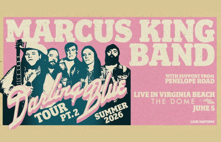 Marcus King Band concert poster featuring a vintage-style image of the band and the text ‘Marcus King Band’ with ‘Darling Blue Tour Pt. 2 Summer 2026’ on a pink and beige background.