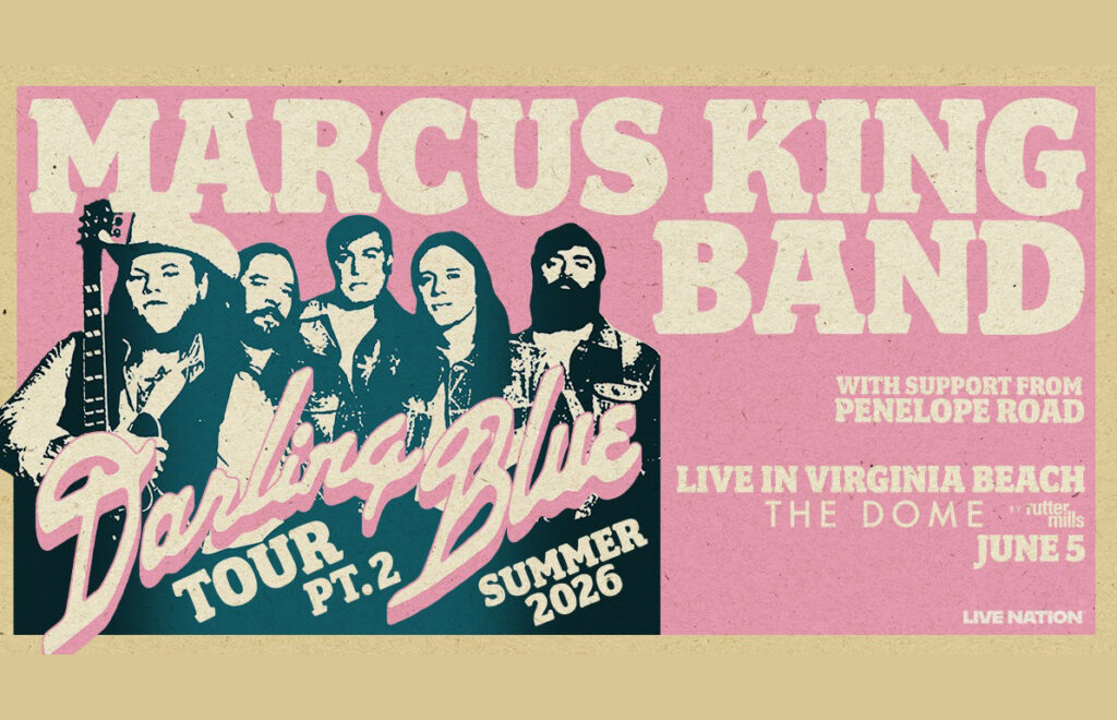 Marcus King Band concert poster featuring a vintage-style image of the band and the text ‘Marcus King Band’ with ‘Darling Blue Tour Pt. 2 Summer 2026’ on a pink and beige background.