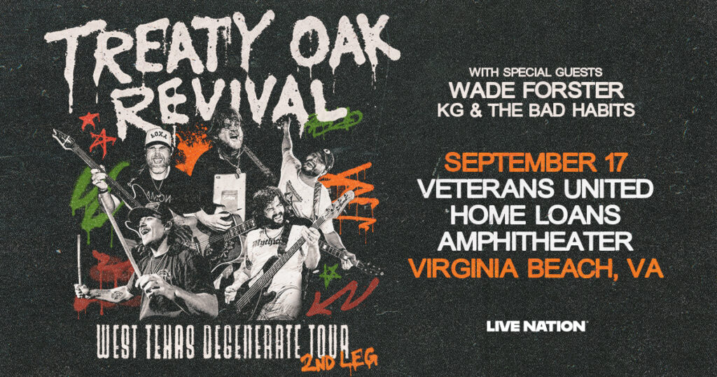 Concert poster for Treaty Oak Revival with Wade Forster; features band photo collage on left and event details on right: September 17, Veterans United Home Loans Amphitheater, Virginia Beach, VA (Live Nation).