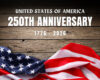 Wooden background banner announcing the United States’ 250th Anniversary (1776–2026) with a waving American flag at the bottom.
