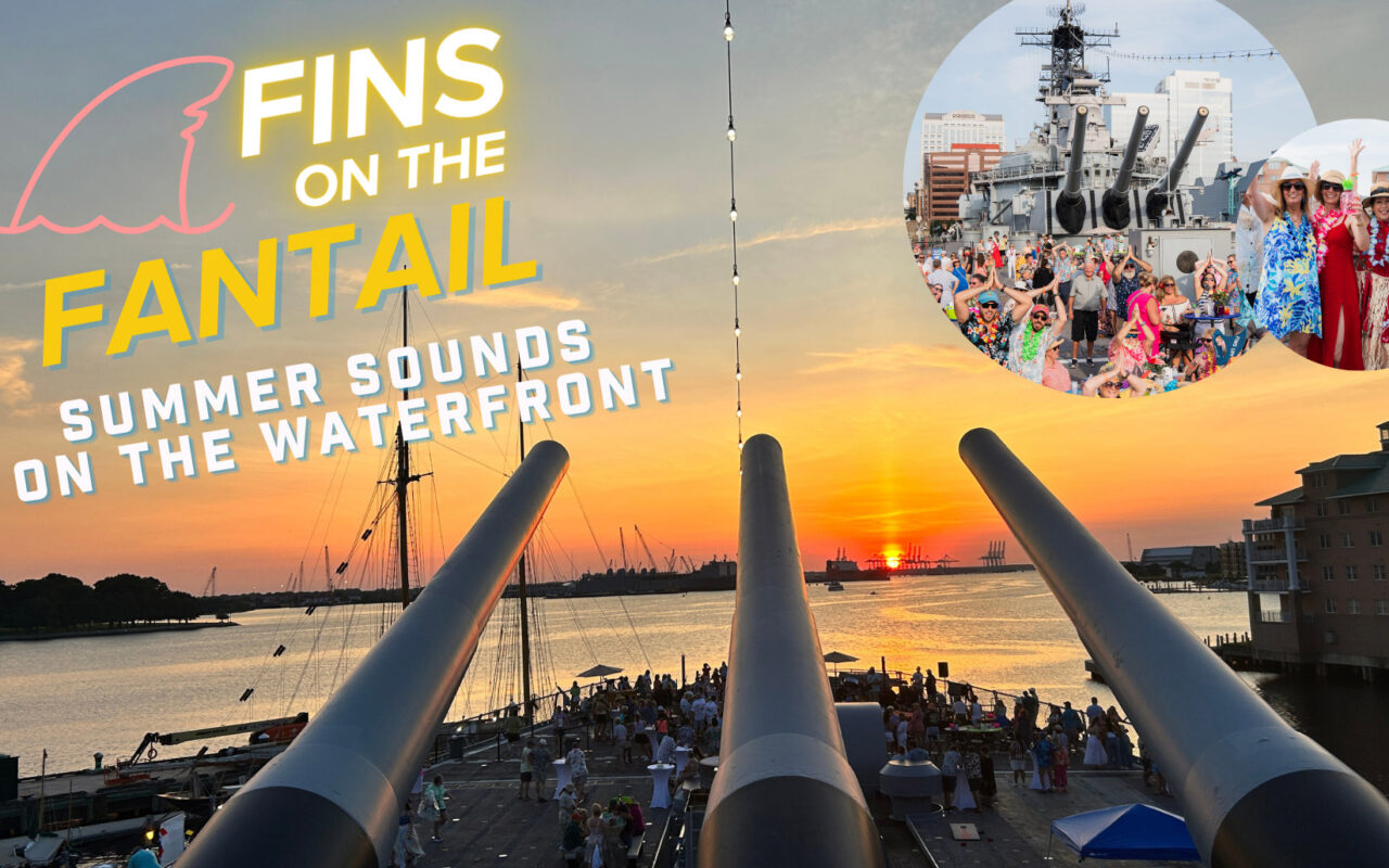 Event poster showing a waterfront sunset with cannons in the foreground and bold text: 'FINS ON THE FANTAIL' and 'SUMMER SOUNDS ON THE WATERFRONT'