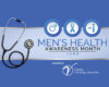 Blue banner for Men's Health Awareness Month with a stethoscope and three circular icons, June, presented by Virginia Oncology Associates.