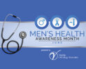 Blue banner for Men's Health Awareness Month with a stethoscope and three circular icons, June, presented by Virginia Oncology Associates.