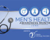 Banner for Men’s Health Awareness Month with a stethoscope on the left and three blue circular icons, plus the text 'MEN’S HEALTH AWARENESS MONTH JUNE' and Virginia Oncology Associates logo at the bottom.