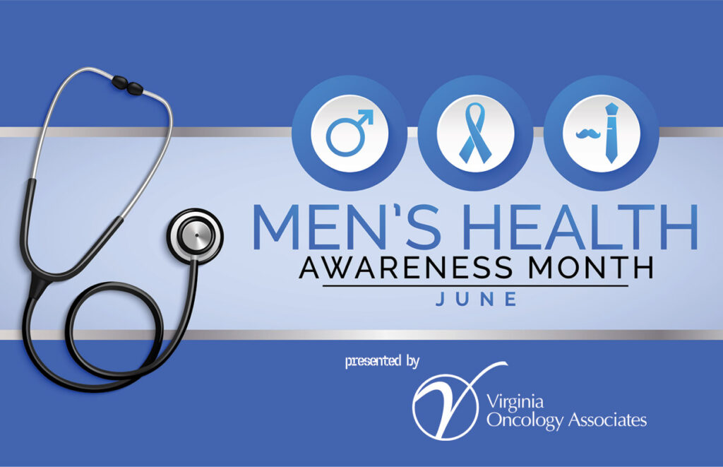 Banner for Men’s Health Awareness Month with a stethoscope on the left and three blue circular icons, plus the text 'MEN’S HEALTH AWARENESS MONTH JUNE' and Virginia Oncology Associates logo at the bottom.