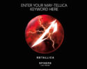 Promotional poster for Metallica Sphere Las Vegas: a red stormy sphere with a white diagonal lightning bolt on a black background; top text invites entering a keyword.