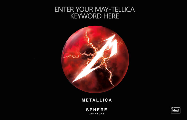 Promotional poster for Metallica Sphere Las Vegas: a red stormy sphere with a white diagonal lightning bolt on a black background; top text invites entering a keyword.