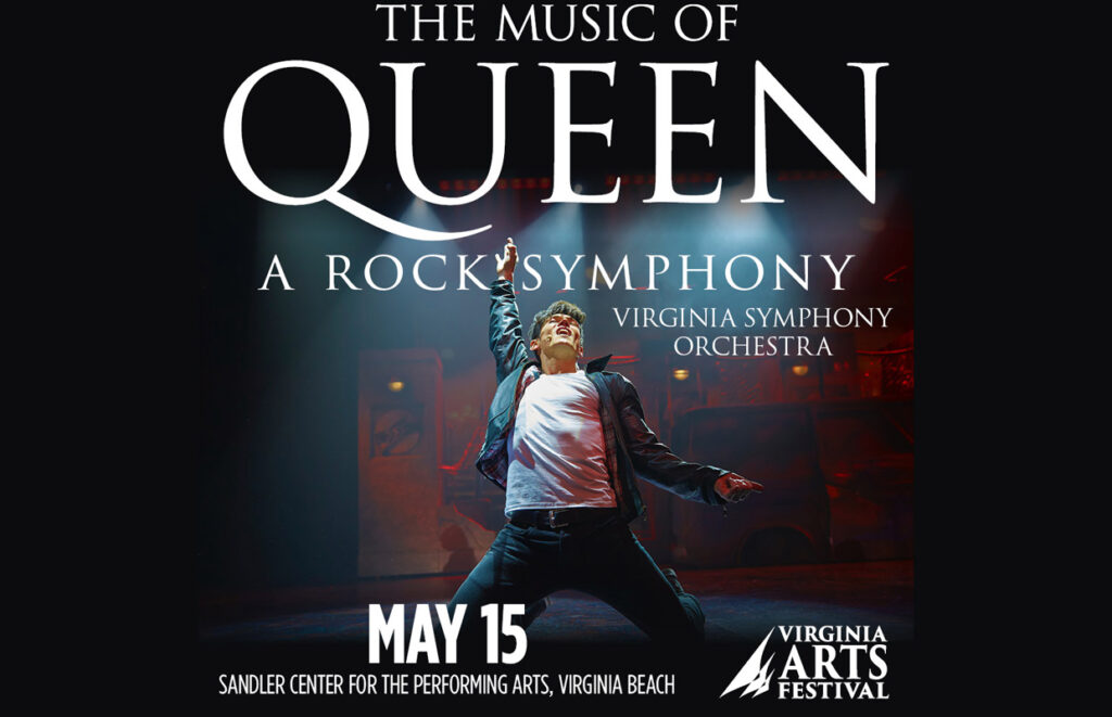 Poster advertising The Music of Queen: A Rock Symphony, featuring a performer on stage under dramatic lights.