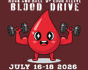 Poster for the 39th Annual Blood Drive: 'Rock and Roll, Up Your Sleeve' with a cartoon red blood drop lifting dumbbells; July 16–18, 2026. Sponsors shown at bottom.