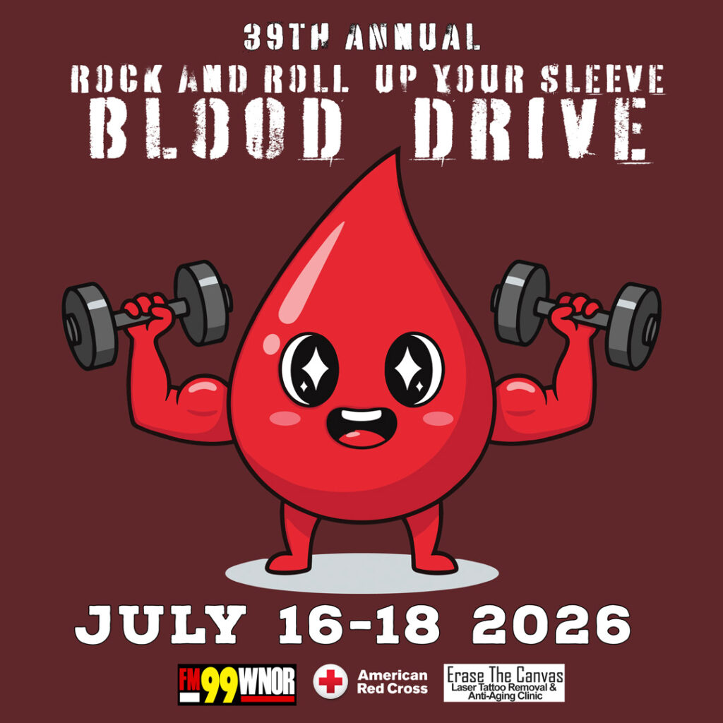Poster for the 39th Annual Blood Drive: 'Rock and Roll, Up Your Sleeve' with a cartoon red blood drop lifting dumbbells; July 16–18, 2026. Sponsors shown at bottom.