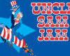 Uncle Sam riding a striped rocket on a blue background with large 'Uncle Sam Jam' text in red letters.