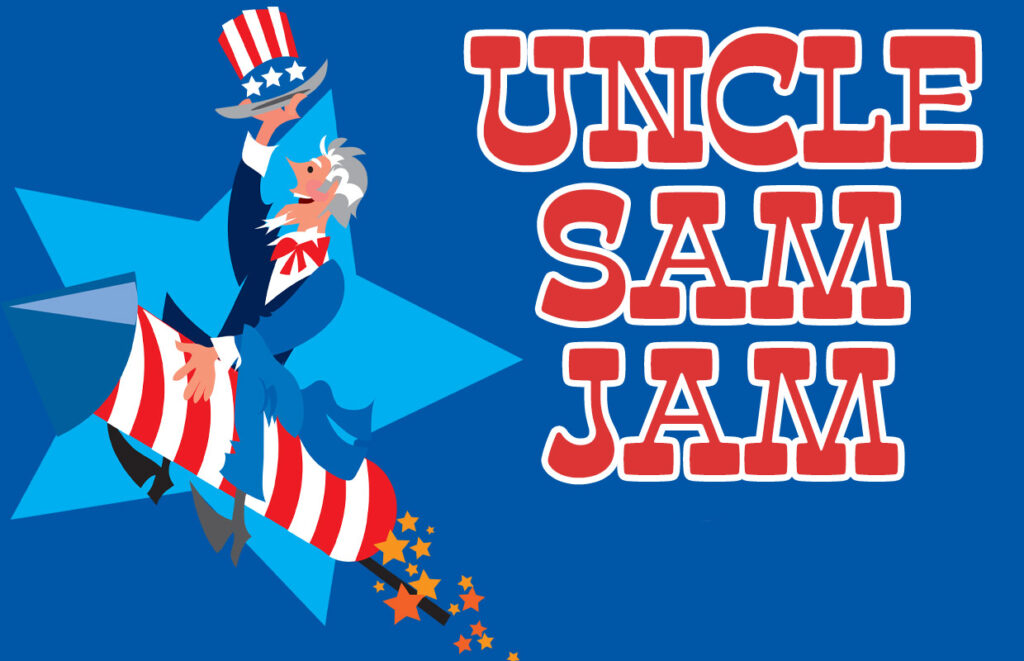 Uncle Sam riding a striped rocket on a blue background with large 'Uncle Sam Jam' text in red letters.