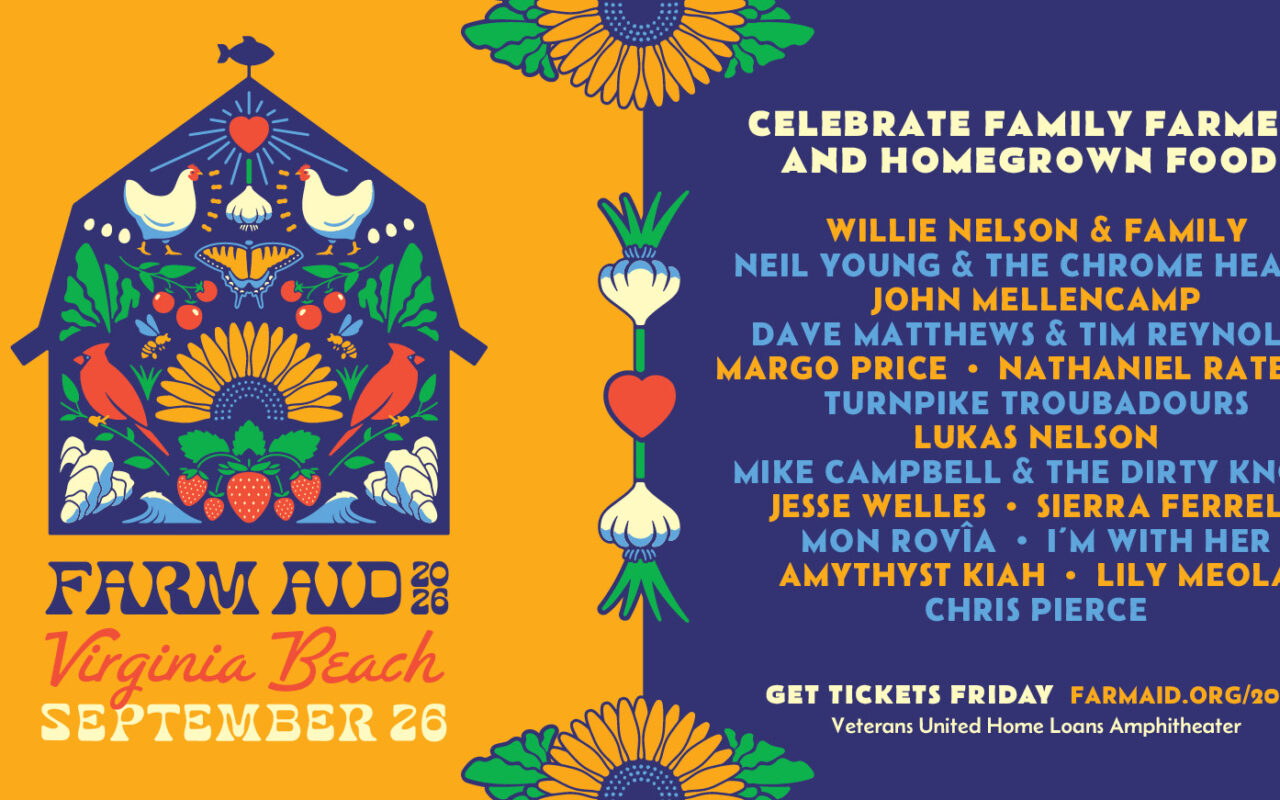 Poster for Farm Aid 2026 at Virginia Beach on September 26, featuring an orange left panel with a blue barn filled with sunflowers, produce, and birds; right panel lists performers in yellow and blue text: Willie Nelson & Family, Neil Young & The Chrome Hearts, John Mellencamp, Dave Matthews & Tim Reynolds, Margo Price, Nathaniel Rateliff, Turnpike Troubadours, Lukas Nelson, Mike Campbell & The Dirty Knobs, Jesse Welles, Sierra Ferrell, Mon RovIA • I’m With Her, Amythyst Kiah, Lily Meola, Chris Pierce; ticket link farmaid.org/2026; venue Veterans United Home Loans Amphitheater.