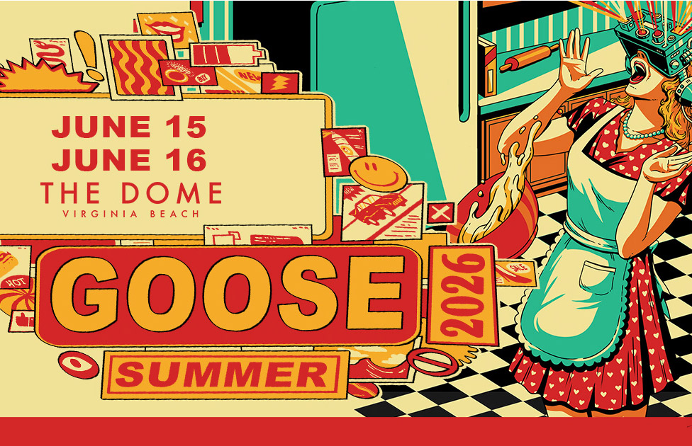Poster-style illustration announcing Goose Summer 2026: June 15–16 at The Dome, Virginia Beach; retro diner scene.