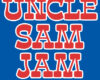 Bold red text reading 'UNCLE SAM JAM' stacked on a blue background with white outlines around the letters.