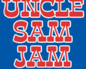 Bold red text reading 'UNCLE SAM JAM' stacked on a blue background with white outlines around the letters.