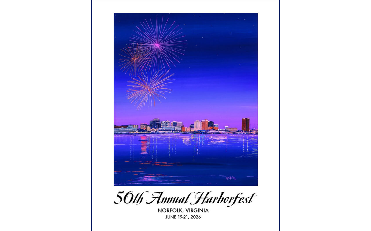 Poster for Norfolk Harborfest with blue night skyline and fireworks over the water; 50th Annual Harborfest, June 19–21, 2026, Norfolk, Virginia.