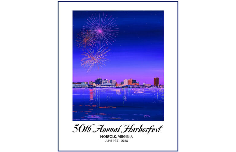 Poster for Norfolk Harborfest with blue night skyline and fireworks over the water; 50th Annual Harborfest, June 19–21, 2026, Norfolk, Virginia.