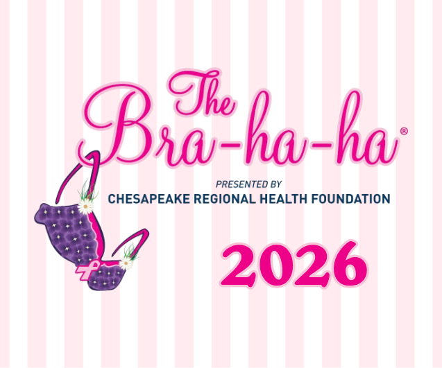 Promotional graphic for The Bra-ha-ha 2026, presented by Chesapeake Regional Health Foundation, featuring two purple bras and a pink striped background.