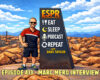 Cartoon man in sunglasses stands beside a tall signboard advertising the 'ESPR Eat Sleep Podcast Repeat' show, Episode 413 interview with Marc Mero (Dave Taylor shown on sign).