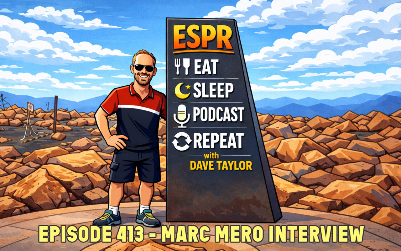 Cartoon man in sunglasses stands beside a tall signboard advertising the 'ESPR Eat Sleep Podcast Repeat' show, Episode 413 interview with Marc Mero (Dave Taylor shown on sign).