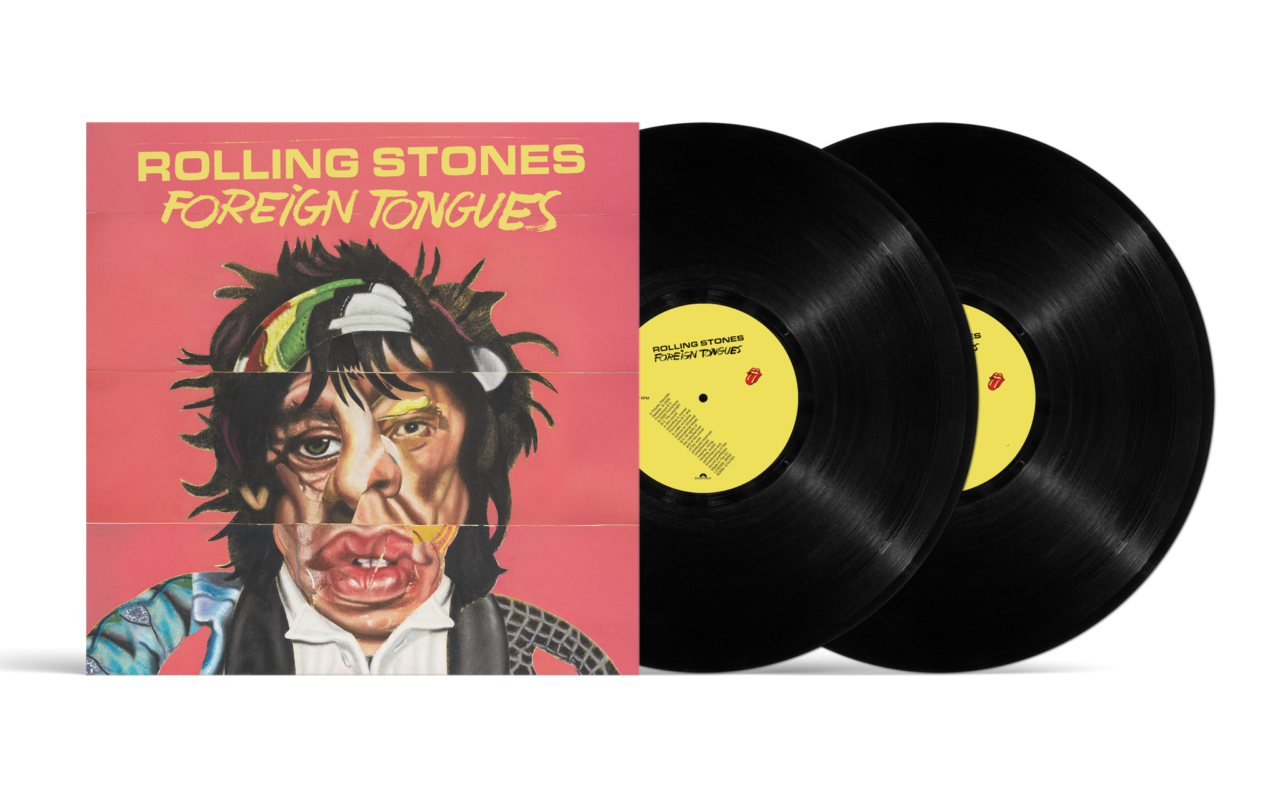 Rolling Stones Foreign Tongues album cover with a distorted portrait and two black vinyl records next to it.