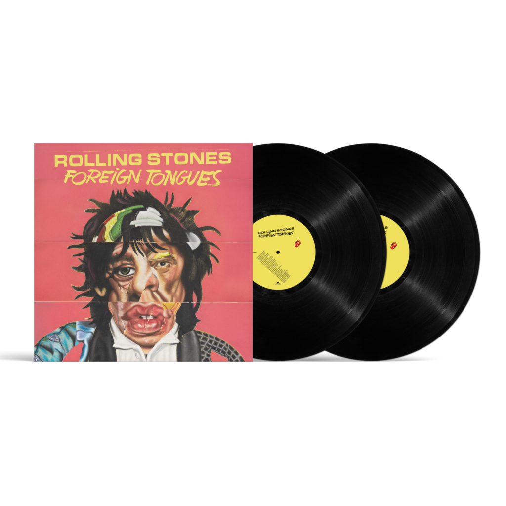 Rolling Stones Foreign Tongues album cover with a distorted portrait and two black vinyl records next to it.