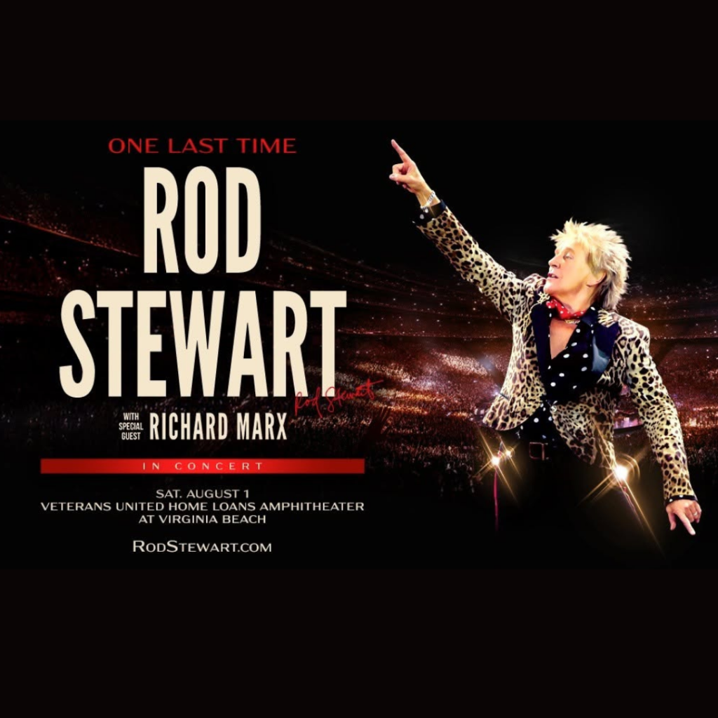 Rod Stewart concert poster: him in a leopard‑print jacket, pointing on stage with bold 'ROD STEWART' text and 'One Last Time' headline.