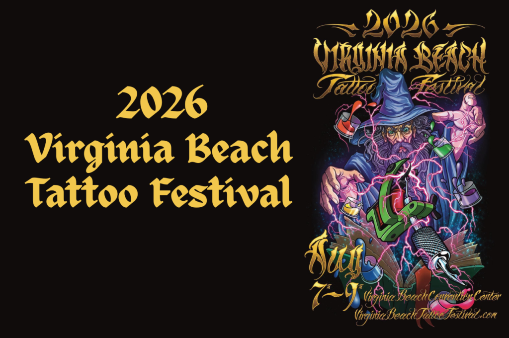 Poster advertising the 2026 Virginia Beach Tattoo Festival, with bold yellow text on a black background and fantasy artwork on the right.