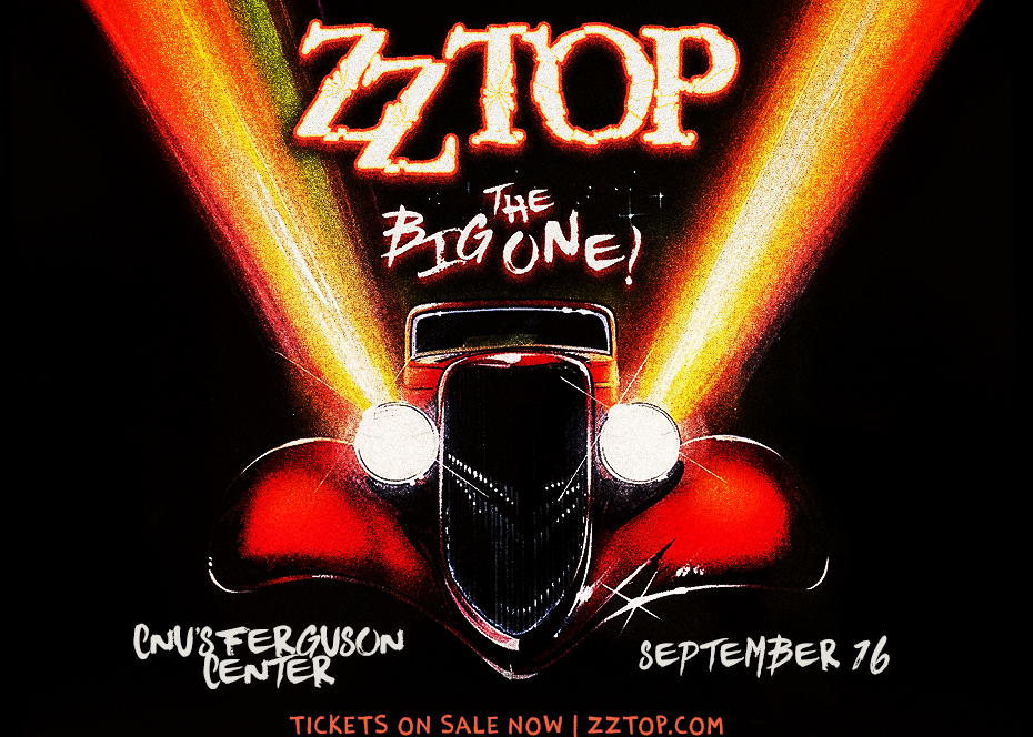 ZZ Top concert poster for The Big One featuring a red vintage car and bright neon headlights; Ferguson Center, September 16, tickets at zzTop.com.
