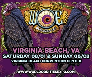 Poster for World Oddities Expo in Virginia Beach, VA, Aug 1–2 at the Virginia Beach Convention Center.