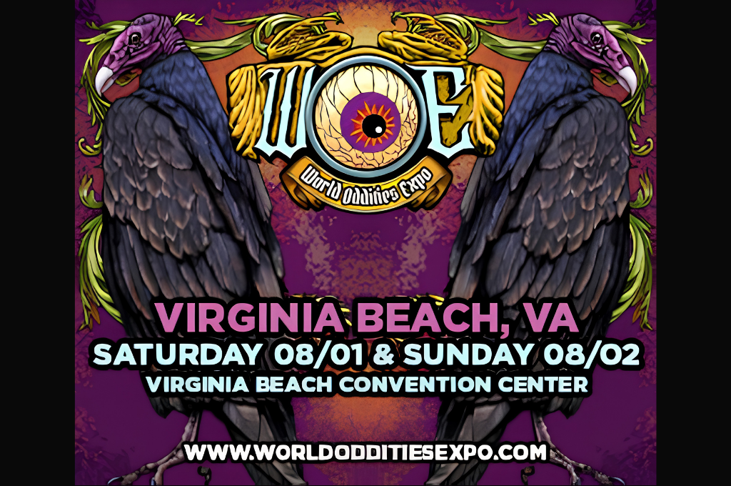 World Oddities Expo poster for Virginia Beach, VA (Aug 1–2) at the Convention Center; features two large black birds and a bold logo.